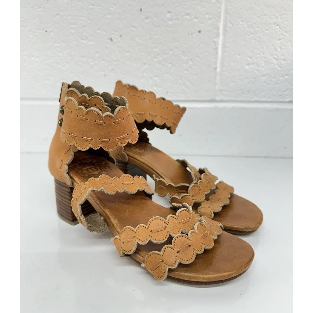 Bali Elf Seaside Leather‎ Sandals Scalloped Strappy Block Heel / Women's 7